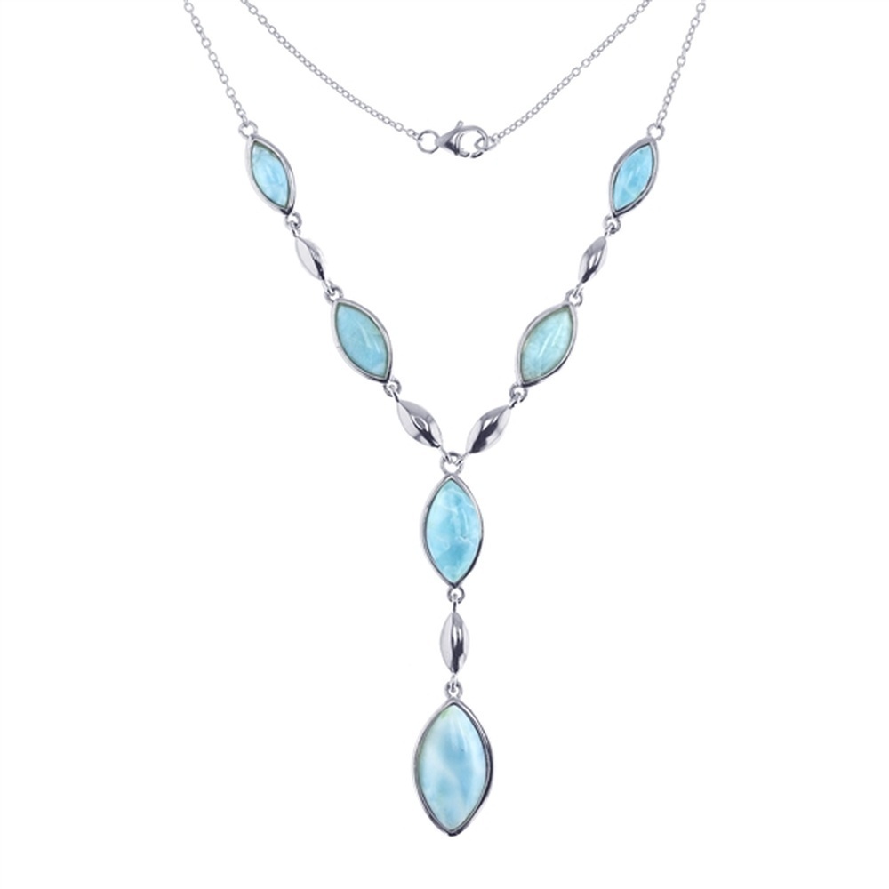 925 Sterling  Silver 6 Marquise Shape Larimar Drop Necklace Lobster Lock 23.1 gm